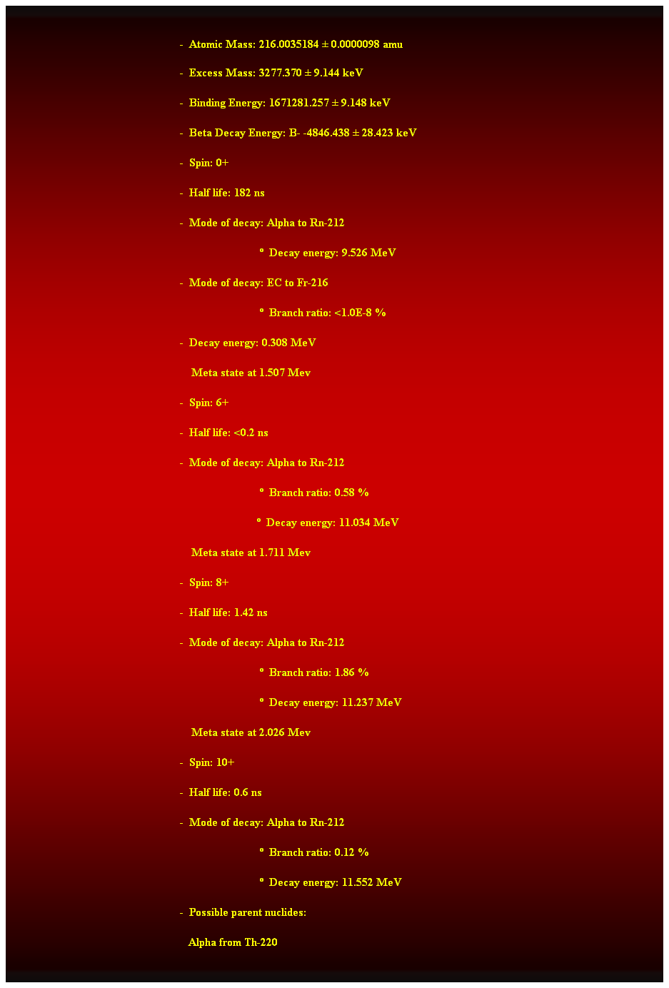 Cuadro de texto:  
-  Atomic Mass: 216.0035184  0.0000098 amu 
-  Excess Mass: 3277.370  9.144 keV 
-  Binding Energy: 1671281.257  9.148 keV 
-  Beta Decay Energy: B- -4846.438  28.423 keV 
-  Spin: 0+ 
-  Half life: 182 ns 
-  Mode of decay: Alpha to Rn-212 
                              Decay energy: 9.526 MeV 
-  Mode of decay: EC to Fr-216 
                              Branch ratio: <1.0E-8 % 
-  Decay energy: 0.308 MeV 
    Meta state at 1.507 Mev 
-  Spin: 6+ 
-  Half life: <0.2 ns 
-  Mode of decay: Alpha to Rn-212 
                              Branch ratio: 0.58 % 
                             Decay energy: 11.034 MeV 
    Meta state at 1.711 Mev 
-  Spin: 8+ 
-  Half life: 1.42 ns 
-  Mode of decay: Alpha to Rn-212 
                              Branch ratio: 1.86 % 
                              Decay energy: 11.237 MeV 
    Meta state at 2.026 Mev 
-  Spin: 10+ 
-  Half life: 0.6 ns 
-  Mode of decay: Alpha to Rn-212 
                              Branch ratio: 0.12 % 
                              Decay energy: 11.552 MeV 
-  Possible parent nuclides: 
   Alpha from Th-220 
