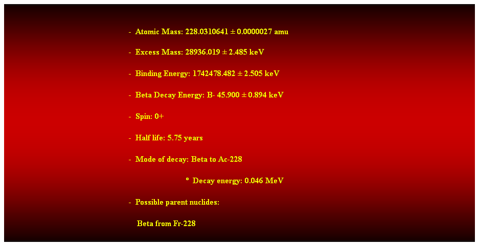 Cuadro de texto:  
-  Atomic Mass: 228.0310641  0.0000027 amu 
-  Excess Mass: 28936.019  2.485 keV 
-  Binding Energy: 1742478.482  2.505 keV 
-  Beta Decay Energy: B- 45.900  0.894 keV 
-  Spin: 0+ 
-  Half life: 5.75 years 
-  Mode of decay: Beta to Ac-228 
                              Decay energy: 0.046 MeV 
-  Possible parent nuclides: 
    Beta from Fr-228 
Alpha from Th-232 
