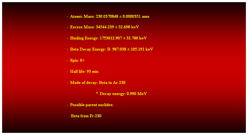 Cuadro de texto:  
-  Atomic Mass: 230.0370848  0.0000351 amu 
-  Excess Mass: 34544.239  32.698 keV 
-  Binding Energy: 1753012.907  32.700 keV 
-  Beta Decay Energy: B- 987.038  105.191 keV 
-  Spin: 0+ 
-  Half life: 93 min 
-  Mode of decay: Beta to Ac-230 
                              Decay energy: 0.990 MeV 
-  Possible parent nuclides: 
    Beta from Fr-230 
