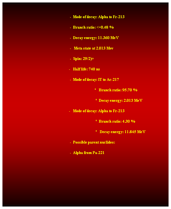 Cuadro de texto:  
                                                                        -  Mode of decay: Alpha to Fr-213 
                                                                        -  Branch ratio: <=0.48 % 
                                                                        -  Decay energy: 11.360 MeV 
                                                                        -   Meta state at 2.013 Mev 
                                                                        -  Spin: 29/2)+ 
                                                                       -   Half life: 740 ns 
                                                                        -  Mode of decay: IT to Ac-217 
                                                                                                      Branch ratio: 95.70 % 
                                                                                                      Decay energy: 2.013 MeV 
                                                                       -   Mode of decay: Alpha to Fr-213 
                                                                                                      Branch ratio: 4.30 % 
                                                                                                       Decay energy: 11.845 MeV 
                                                                        -  Possible parent nuclides: 
                                                                        -  Alpha from Pa-221 
 
 
 
