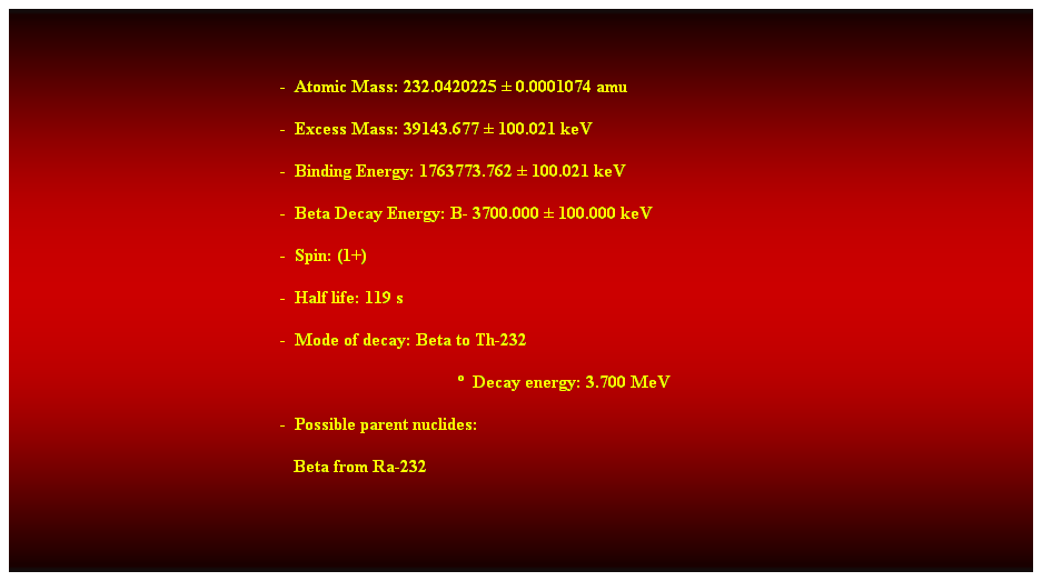 Cuadro de texto:  
-  Atomic Mass: 232.0420225  0.0001074 amu 
-  Excess Mass: 39143.677  100.021 keV 
-  Binding Energy: 1763773.762  100.021 keV 
-  Beta Decay Energy: B- 3700.000  100.000 keV 
-  Spin: (1+) 
-  Half life: 119 s 
-  Mode of decay: Beta to Th-232 
  Decay energy: 3.700 MeV 
-  Possible parent nuclides: 
   Beta from Ra-232 

