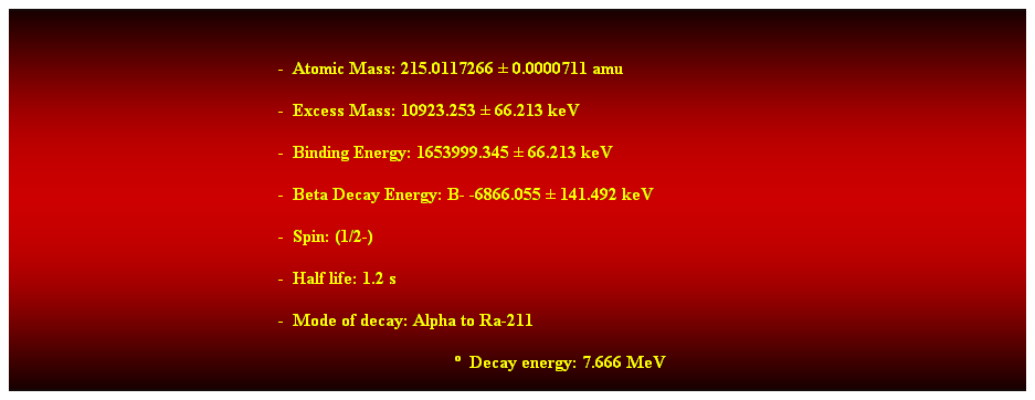 Cuadro de texto:  
-  Atomic Mass: 215.0117266  0.0000711 amu 
-  Excess Mass: 10923.253  66.213 keV 
-  Binding Energy: 1653999.345  66.213 keV 
-  Beta Decay Energy: B- -6866.055  141.492 keV 
-  Spin: (1/2-) 
-  Half life: 1.2 s 
-  Mode of decay: Alpha to Ra-211 
  Decay energy: 7.666 MeV 
