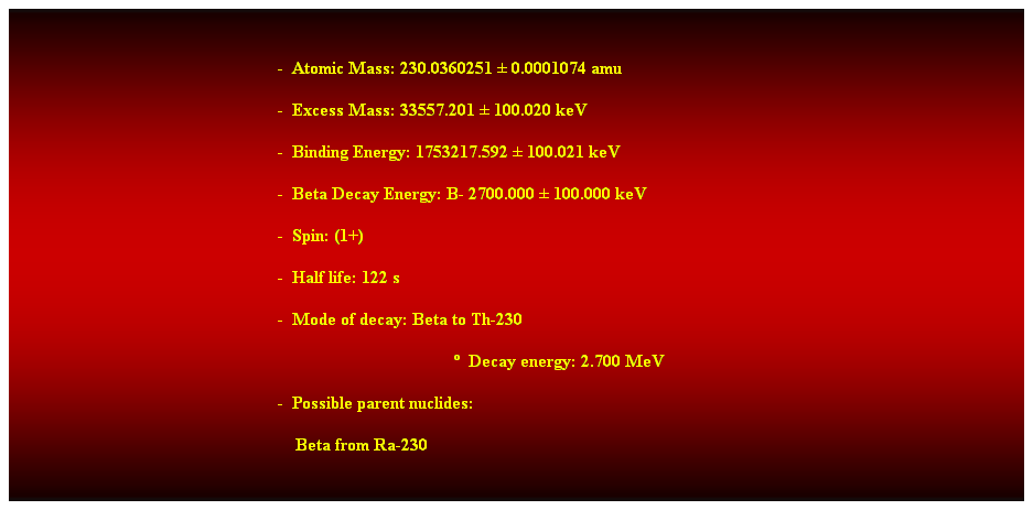 Cuadro de texto:  
-  Atomic Mass: 230.0360251  0.0001074 amu 
-  Excess Mass: 33557.201  100.020 keV 
-  Binding Energy: 1753217.592  100.021 keV 
-  Beta Decay Energy: B- 2700.000  100.000 keV 
-  Spin: (1+) 
-  Half life: 122 s 
-  Mode of decay: Beta to Th-230 
  Decay energy: 2.700 MeV 
-  Possible parent nuclides: 
    Beta from Ra-230 
