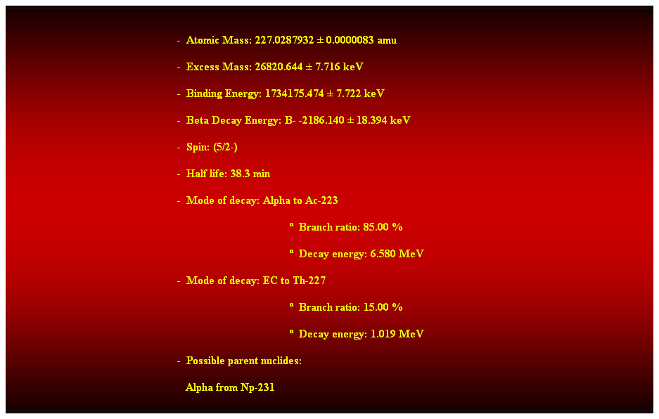 Cuadro de texto:  
-  Atomic Mass: 227.0287932  0.0000083 amu 
-  Excess Mass: 26820.644  7.716 keV 
-  Binding Energy: 1734175.474  7.722 keV 
-  Beta Decay Energy: B- -2186.140  18.394 keV 
-  Spin: (5/2-) 
-  Half life: 38.3 min 
-  Mode of decay: Alpha to Ac-223 
  Branch ratio: 85.00 % 
  Decay energy: 6.580 MeV 
-  Mode of decay: EC to Th-227 
  Branch ratio: 15.00 % 
  Decay energy: 1.019 MeV 
-  Possible parent nuclides: 
   Alpha from Np-231 
 
