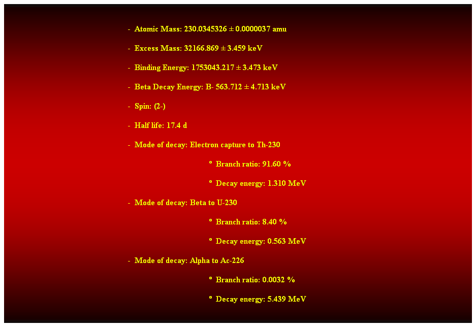 Cuadro de texto:  
-  Atomic Mass: 230.0345326  0.0000037 amu 
-  Excess Mass: 32166.869  3.459 keV 
-  Binding Energy: 1753043.217  3.473 keV 
-  Beta Decay Energy: B- 563.712  4.713 keV 
-  Spin: (2-) 
-  Half life: 17.4 d 
-  Mode of decay: Electron capture to Th-230 
  Branch ratio: 91.60 % 
  Decay energy: 1.310 MeV 
-  Mode of decay: Beta to U-230 
  Branch ratio: 8.40 % 
  Decay energy: 0.563 MeV 
-  Mode of decay: Alpha to Ac-226 
  Branch ratio: 0.0032 % 
  Decay energy: 5.439 MeV 
