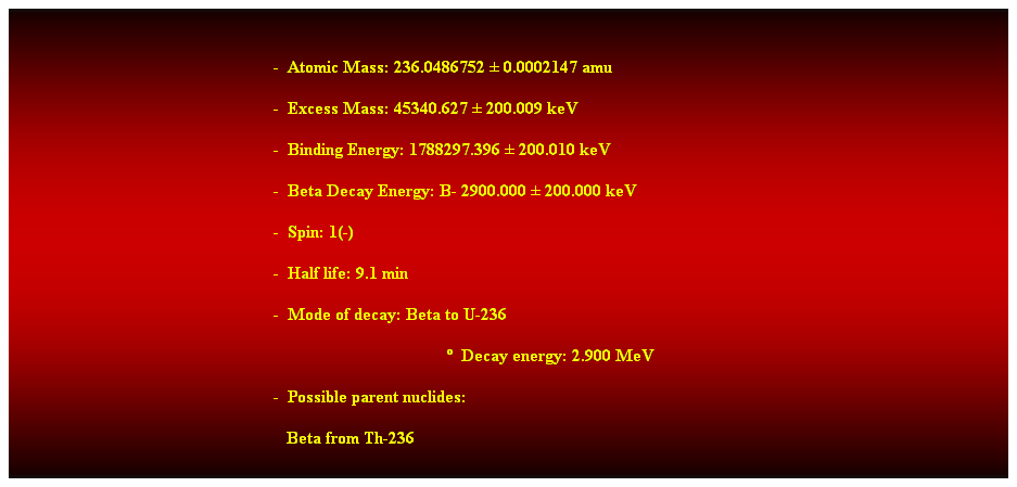 Cuadro de texto:  
-  Atomic Mass: 236.0486752  0.0002147 amu 
-  Excess Mass: 45340.627  200.009 keV 
-  Binding Energy: 1788297.396  200.010 keV 
-  Beta Decay Energy: B- 2900.000  200.000 keV 
-  Spin: 1(-) 
-  Half life: 9.1 min 
-  Mode of decay: Beta to U-236 
  Decay energy: 2.900 MeV 
-  Possible parent nuclides: 
   Beta from Th-236 
