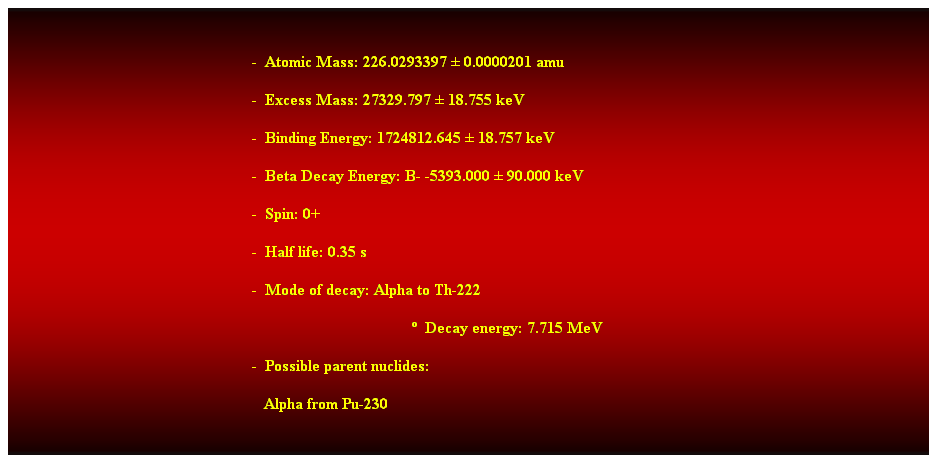 Cuadro de texto:  
-  Atomic Mass: 226.0293397  0.0000201 amu 
-  Excess Mass: 27329.797  18.755 keV 
-  Binding Energy: 1724812.645  18.757 keV 
-  Beta Decay Energy: B- -5393.000  90.000 keV 
-  Spin: 0+ 
-  Half life: 0.35 s 
-  Mode of decay: Alpha to Th-222 
  Decay energy: 7.715 MeV 
-  Possible parent nuclides: 
   Alpha from Pu-230 
