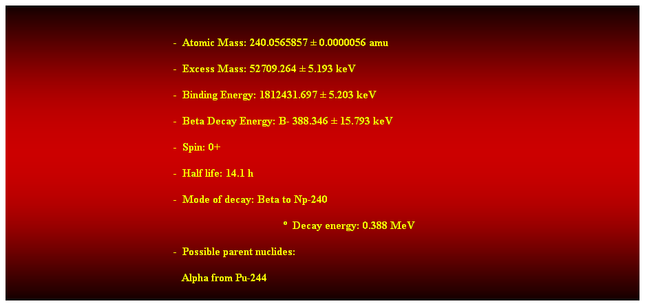 Cuadro de texto:  
-  Atomic Mass: 240.0565857  0.0000056 amu 
-  Excess Mass: 52709.264  5.193 keV 
-  Binding Energy: 1812431.697  5.203 keV 
-  Beta Decay Energy: B- 388.346  15.793 keV 
-  Spin: 0+ 
-  Half life: 14.1 h 
-  Mode of decay: Beta to Np-240 
  Decay energy: 0.388 MeV 
-  Possible parent nuclides: 
   Alpha from Pu-244 
