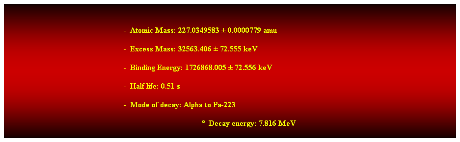 Cuadro de texto:  
-  Atomic Mass: 227.0349583  0.0000779 amu 
-  Excess Mass: 32563.406  72.555 keV 
-  Binding Energy: 1726868.005  72.556 keV 
-  Half life: 0.51 s 
-  Mode of decay: Alpha to Pa-223 
  Decay energy: 7.816 MeV 
