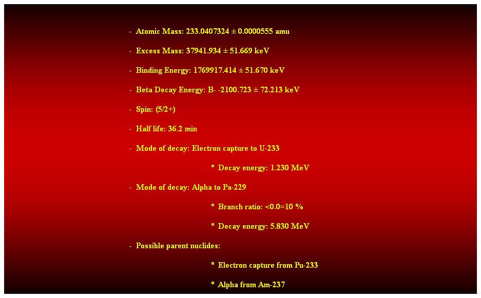 Cuadro de texto:  
-  Atomic Mass: 233.0407324  0.0000555 amu 
-  Excess Mass: 37941.934  51.669 keV 
-  Binding Energy: 1769917.414  51.670 keV 
-  Beta Decay Energy: B- -2100.723  72.213 keV 
-  Spin: (5/2+) 
-  Half life: 36.2 min 
-  Mode of decay: Electron capture to U-233 
  Decay energy: 1.230 MeV 
-  Mode of decay: Alpha to Pa-229 
  Branch ratio: <0.0=10 % 
  Decay energy: 5.830 MeV 
-  Possible parent nuclides: 
  Electron capture from Pu-233 
  Alpha from Am-237 
