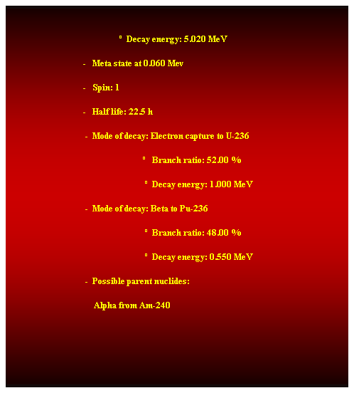 Cuadro de texto:  
                                                      Decay energy: 5.020 MeV 
                                   -   Meta state at 0.060 Mev 
                                   -   Spin: 1 
                                   -   Half life: 22.5 h 
                                    -  Mode of decay: Electron capture to U-236 
                                                                  Branch ratio: 52.00 % 
                                                                  Decay energy: 1.000 MeV 
                                    -  Mode of decay: Beta to Pu-236 
                                                                  Branch ratio: 48.00 % 
                                                                  Decay energy: 0.550 MeV 
                                    -  Possible parent nuclides: 
                                        Alpha from Am-240 
 
 
 
