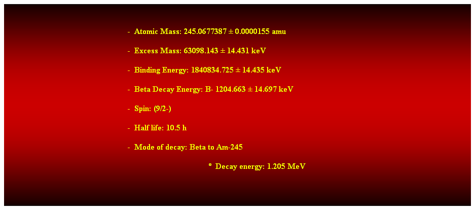 Cuadro de texto:  
-  Atomic Mass: 245.0677387  0.0000155 amu 
-  Excess Mass: 63098.143  14.431 keV 
-  Binding Energy: 1840834.725  14.435 keV 
-  Beta Decay Energy: B- 1204.663  14.697 keV 
-  Spin: (9/2-) 
-  Half life: 10.5 h 
-  Mode of decay: Beta to Am-245 
  Decay energy: 1.205 MeV 
