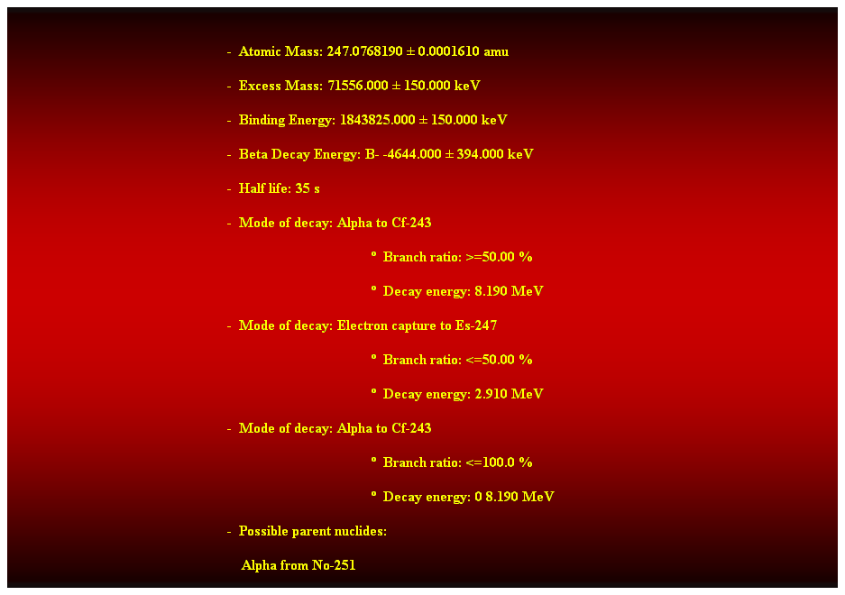 Cuadro de texto:  
-  Atomic Mass: 247.0768190  0.0001610 amu 
-  Excess Mass: 71556.000  150.000 keV 
-  Binding Energy: 1843825.000  150.000 keV 
-  Beta Decay Energy: B- -4644.000  394.000 keV 
-  Half life: 35 s 
-  Mode of decay: Alpha to Cf-243 
  Branch ratio: >=50.00 % 
  Decay energy: 8.190 MeV 
-  Mode of decay: Electron capture to Es-247 
  Branch ratio: <=50.00 % 
  Decay energy: 2.910 MeV 
-  Mode of decay: Alpha to Cf-243 
  Branch ratio: <=100.0 % 
  Decay energy: 0 8.190 MeV 
-  Possible parent nuclides: 
    Alpha from No-251 
