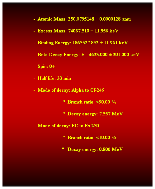 Cuadro de texto:  
                        -  Atomic Mass: 250.0795148  0.0000128 amu 
                        -  Excess Mass: 74067.510  11.956 keV 
                        -  Binding Energy: 1865527.852  11.961 keV 
                        -  Beta Decay Energy: B- -4633.000  301.000 keV 
                        -  Spin: 0+ 
                        -  Half life: 33 min 
                        -  Mode of decay: Alpha to Cf-246 
                                                  Branch ratio: >90.00 % 
                                                  Decay energy: 7.557 MeV 
                        -  Mode of decay: EC to Es-250 
                                                  Branch ratio: <10.00 % 
                                                  Decay energy: 0.800 MeV 
 
 
 
