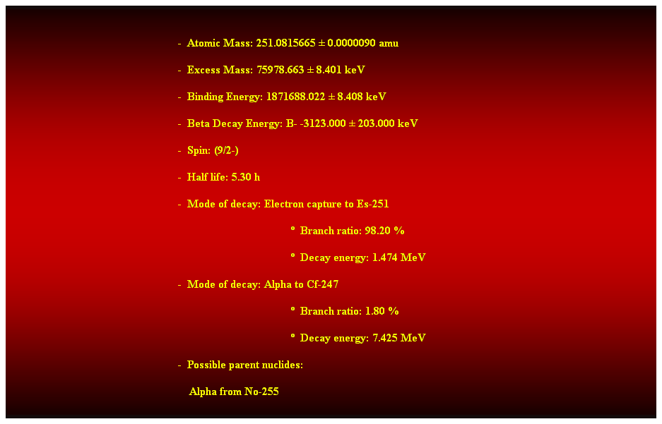 Cuadro de texto:  
-  Atomic Mass: 251.0815665  0.0000090 amu 
-  Excess Mass: 75978.663  8.401 keV 
-  Binding Energy: 1871688.022  8.408 keV 
-  Beta Decay Energy: B- -3123.000  203.000 keV 
-  Spin: (9/2-) 
-  Half life: 5.30 h 
-  Mode of decay: Electron capture to Es-251 
  Branch ratio: 98.20 % 
  Decay energy: 1.474 MeV 
-  Mode of decay: Alpha to Cf-247 
  Branch ratio: 1.80 % 
  Decay energy: 7.425 MeV 
-  Possible parent nuclides: 
    Alpha from No-255 
