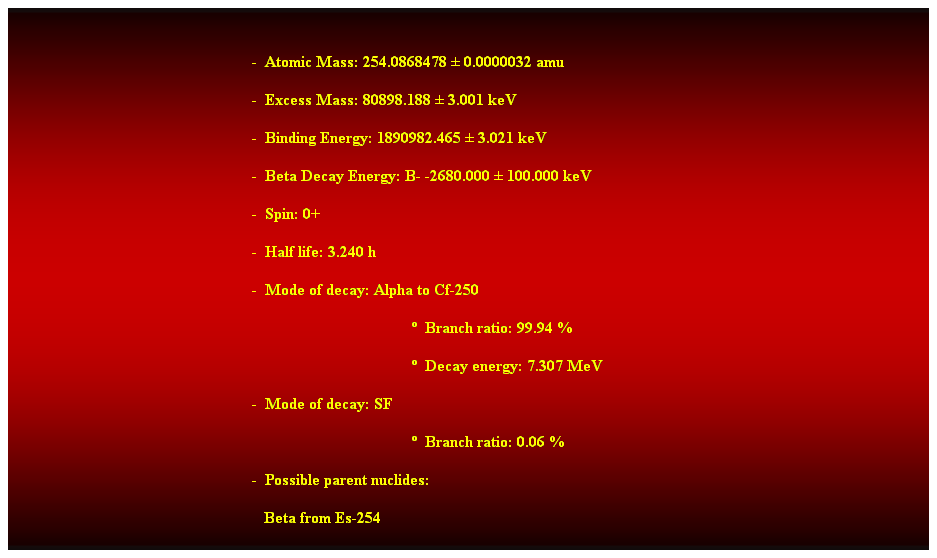 Cuadro de texto:  
-  Atomic Mass: 254.0868478  0.0000032 amu 
-  Excess Mass: 80898.188  3.001 keV 
-  Binding Energy: 1890982.465  3.021 keV 
-  Beta Decay Energy: B- -2680.000  100.000 keV 
-  Spin: 0+ 
-  Half life: 3.240 h 
-  Mode of decay: Alpha to Cf-250 
  Branch ratio: 99.94 % 
  Decay energy: 7.307 MeV 
-  Mode of decay: SF 
  Branch ratio: 0.06 % 
-  Possible parent nuclides: 
                                                               Beta from Es-254 
