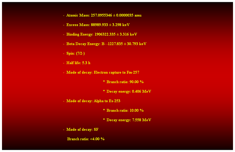 Cuadro de texto:  
-  Atomic Mass: 257.0955346  0.0000035 amu 
-  Excess Mass: 88989.933  3.298 keV 
-  Binding Energy: 1906322.335  3.316 keV 
-  Beta Decay Energy: B- -1227.835  30.793 keV 
-  Spin: (7/2-) 
-  Half life: 5.3 h 
-  Mode of decay: Electron capture to Fm-257 
  Branch ratio: 90.00 % 
  Decay energy: 0.406 MeV 
-  Mode of decay: Alpha to Es-253 
  Branch ratio: 10.00 % 
  Decay energy: 7.558 MeV 
-  Mode of decay: SF 
    Branch ratio: <4.00 % 
