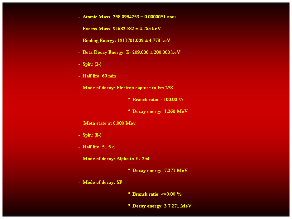 Cuadro de texto:  
-  Atomic Mass: 258.0984253  0.0000051 amu 
-  Excess Mass: 91682.582  4.765 keV 
-  Binding Energy: 1911701.009  4.778 keV 
-  Beta Decay Energy: B- 209.000  200.000 keV 
-  Spin: (1-) 
-  Half life: 60 min 
-  Mode of decay: Electron capture to Fm-258 
  Branch ratio: ~100.00 % 
  Decay energy: 1.260 MeV
    Meta state at 0.000 Mev 
-  Spin: (8-) 
-  Half life: 51.5 d 
-  Mode of decay: Alpha to Es-254 
  Decay energy: 7.271 MeV 
-  Mode of decay: SF 
  Branch ratio: <=0.00 % 
  Decay energy: 3 7.271 MeV 
