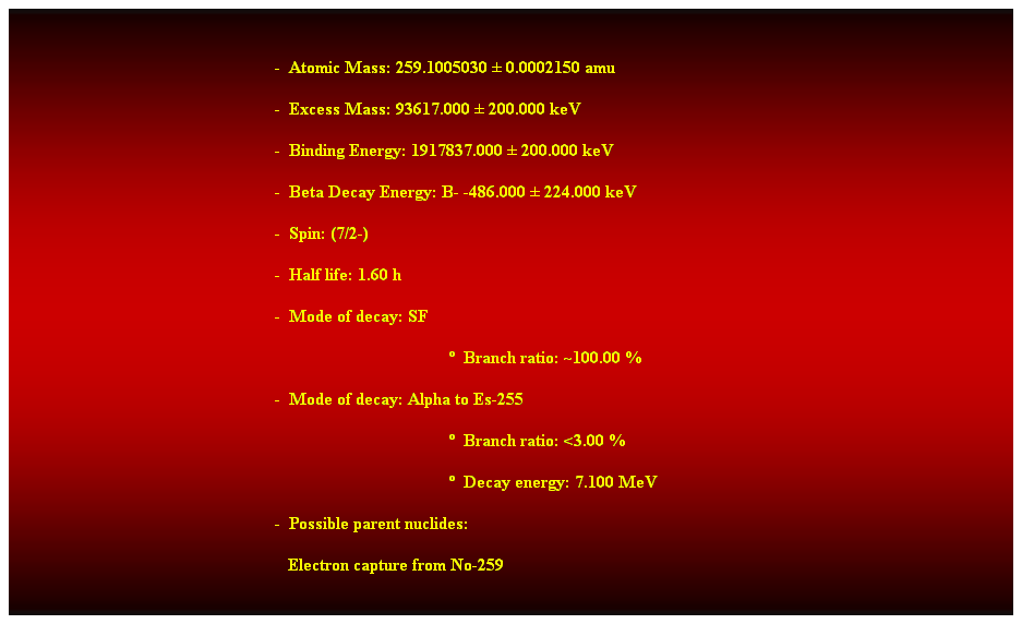 Cuadro de texto:  
-  Atomic Mass: 259.1005030  0.0002150 amu 
-  Excess Mass: 93617.000  200.000 keV 
-  Binding Energy: 1917837.000  200.000 keV 
-  Beta Decay Energy: B- -486.000  224.000 keV 
-  Spin: (7/2-) 
-  Half life: 1.60 h 
-  Mode of decay: SF 
  Branch ratio: ~100.00 % 
-  Mode of decay: Alpha to Es-255 
  Branch ratio: <3.00 % 
  Decay energy: 7.100 MeV 
-  Possible parent nuclides: 
   Electron capture from No-259
