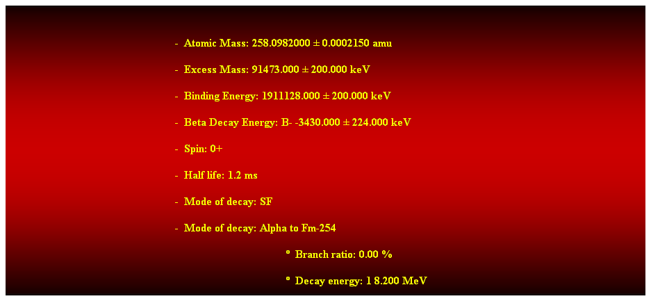 Cuadro de texto:  
-  Atomic Mass: 258.0982000  0.0002150 amu 
-  Excess Mass: 91473.000  200.000 keV 
-  Binding Energy: 1911128.000  200.000 keV 
-  Beta Decay Energy: B- -3430.000  224.000 keV 
-  Spin: 0+ 
-  Half life: 1.2 ms 
-  Mode of decay: SF 
-  Mode of decay: Alpha to Fm-254 
  Branch ratio: 0.00 % 
  Decay energy: 1 8.200 MeV 
