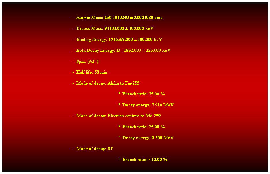 Cuadro de texto:  
-  Atomic Mass: 259.1010240  0.0001080 amu 
-  Excess Mass: 94103.000  100.000 keV 
-  Binding Energy: 1916569.000  100.000 keV 
-  Beta Decay Energy: B- -1832.000  123.000 keV 
-  Spin: (9/2+) 
-  Half life: 58 min 
-  Mode of decay: Alpha to Fm-255 
  Branch ratio: 75.00 % 
  Decay energy: 7.910 MeV 
-  Mode of decay: Electron capture to Md-259 
  Branch ratio: 25.00 % 
  Decay energy: 0.500 MeV 
-  Mode of decay: SF 
  Branch ratio: <10.00 % 
