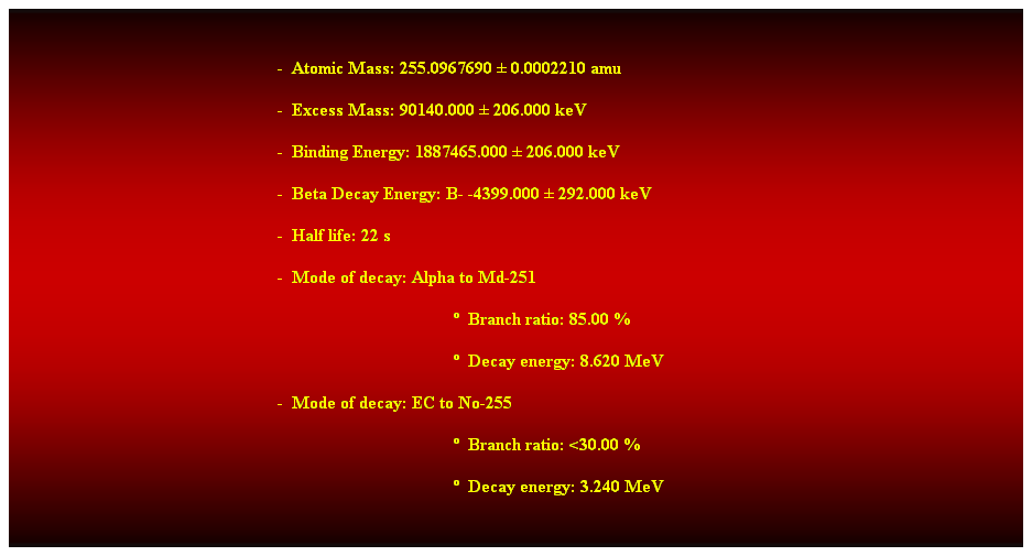 Cuadro de texto:  
-  Atomic Mass: 255.0967690  0.0002210 amu 
-  Excess Mass: 90140.000  206.000 keV 
-  Binding Energy: 1887465.000  206.000 keV 
-  Beta Decay Energy: B- -4399.000  292.000 keV 
-  Half life: 22 s 
-  Mode of decay: Alpha to Md-251 
  Branch ratio: 85.00 % 
  Decay energy: 8.620 MeV 
-  Mode of decay: EC to No-255 
  Branch ratio: <30.00 % 
  Decay energy: 3.240 MeV 
