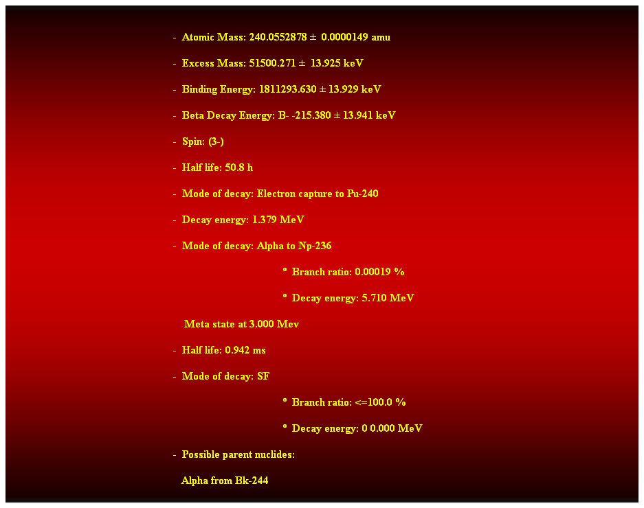 Cuadro de texto:  
-  Atomic Mass: 240.0552878   0.0000149 amu 
-  Excess Mass: 51500.271   13.925 keV 
-  Binding Energy: 1811293.630  13.929 keV 
-  Beta Decay Energy: B- -215.380  13.941 keV 
-  Spin: (3-) 
-  Half life: 50.8 h 
-  Mode of decay: Electron capture to Pu-240 
-  Decay energy: 1.379 MeV 
-  Mode of decay: Alpha to Np-236 
  Branch ratio: 0.00019 % 
  Decay energy: 5.710 MeV 
    Meta state at 3.000 Mev 
-  Half life: 0.942 ms 
-  Mode of decay: SF 
  Branch ratio: <=100.0 % 
  Decay energy: 0 0.000 MeV 
-  Possible parent nuclides: 
                                                               Alpha from Bk-244 
