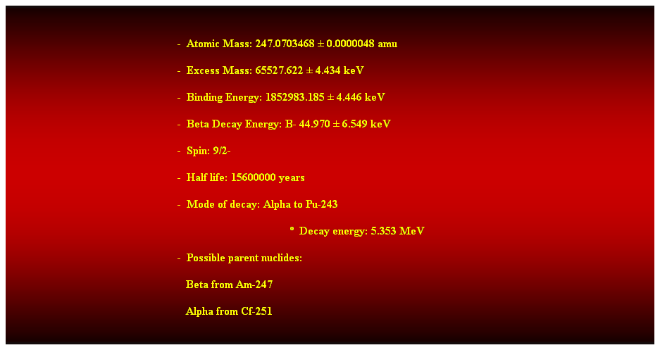 Cuadro de texto:  
-  Atomic Mass: 247.0703468  0.0000048 amu 
-  Excess Mass: 65527.622  4.434 keV 
-  Binding Energy: 1852983.185  4.446 keV 
-  Beta Decay Energy: B- 44.970  6.549 keV 
-  Spin: 9/2- 
-  Half life: 15600000 years 
-  Mode of decay: Alpha to Pu-243 
  Decay energy: 5.353 MeV 
-  Possible parent nuclides: 
                                                               Beta from Am-247 
                                                               Alpha from Cf-251 
