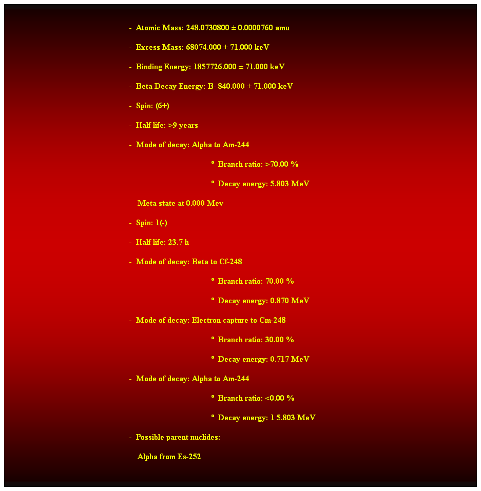 Cuadro de texto:  
-  Atomic Mass: 248.0730800  0.0000760 amu 
-  Excess Mass: 68074.000  71.000 keV 
-  Binding Energy: 1857726.000  71.000 keV 
-  Beta Decay Energy: B- 840.000  71.000 keV 
-  Spin: (6+) 
-  Half life: >9 years 
-  Mode of decay: Alpha to Am-244 
  Branch ratio: >70.00 % 
  Decay energy: 5.803 MeV 
    Meta state at 0.000 Mev 
-  Spin: 1(-) 
-  Half life: 23.7 h 
-  Mode of decay: Beta to Cf-248 
  Branch ratio: 70.00 % 
  Decay energy: 0.870 MeV 
-  Mode of decay: Electron capture to Cm-248 
  Branch ratio: 30.00 % 
  Decay energy: 0.717 MeV 
-  Mode of decay: Alpha to Am-244 
  Branch ratio: <0.00 % 
  Decay energy: 1 5.803 MeV 
-  Possible parent nuclides: 
    Alpha from Es-252 
