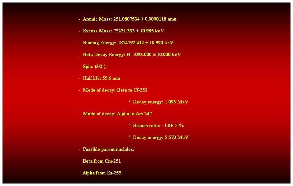 Cuadro de texto:  
-  Atomic Mass: 251.0807534  0.0000118 amu 
-  Excess Mass: 75221.333  10.985 keV 
-  Binding Energy: 1874792.412  10.990 keV 
-  Beta Decay Energy: B- 1093.000  10.000 keV 
-  Spin: (3/2-) 
-  Half life: 55.6 min 
-  Mode of decay: Beta to Cf-251 
  Decay energy: 1.093 MeV 
-  Mode of decay: Alpha to Am-247 
  Branch ratio: ~1.0E-5 % 
  Decay energy: 5.570 MeV 
-  Possible parent nuclides: 
                                                               Beta from Cm-251 
                                                               Alpha from Es-255
