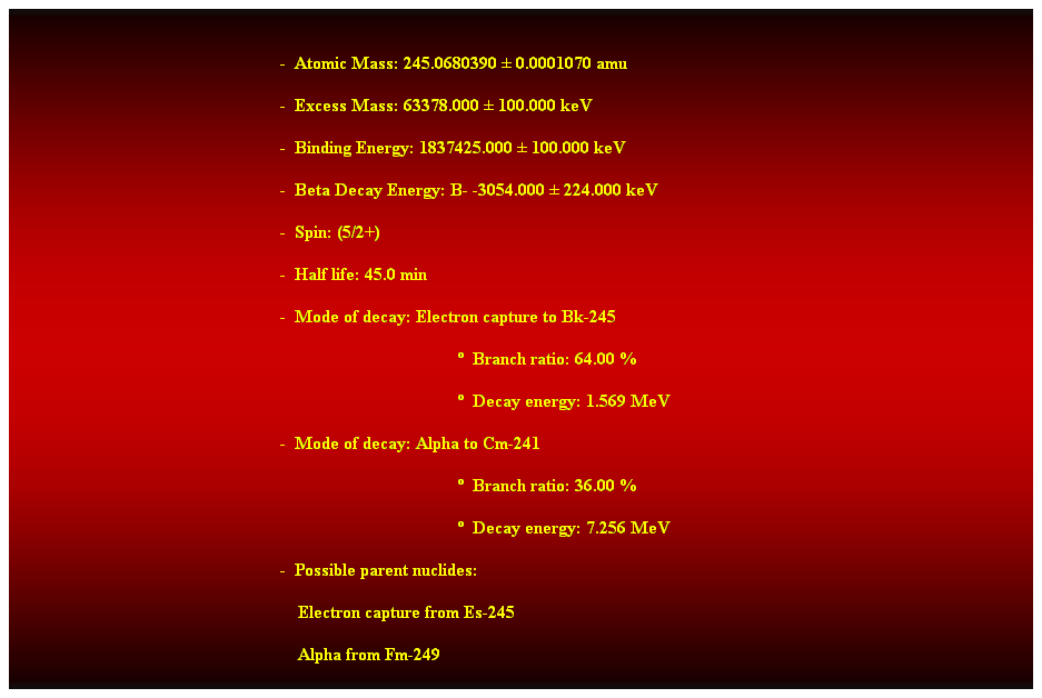 Cuadro de texto:  
-  Atomic Mass: 245.0680390  0.0001070 amu 
-  Excess Mass: 63378.000  100.000 keV 
-  Binding Energy: 1837425.000  100.000 keV 
-  Beta Decay Energy: B- -3054.000  224.000 keV 
-  Spin: (5/2+) 
-  Half life: 45.0 min 
-  Mode of decay: Electron capture to Bk-245 
  Branch ratio: 64.00 % 
  Decay energy: 1.569 MeV 
-  Mode of decay: Alpha to Cm-241 
  Branch ratio: 36.00 % 
  Decay energy: 7.256 MeV 
-  Possible parent nuclides: 
                                                                Electron capture from Es-245 
                                                                Alpha from Fm-249 
