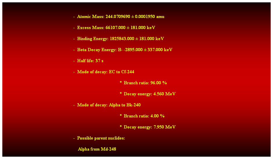 Cuadro de texto:  
-  Atomic Mass: 244.0709690  0.0001950 amu 
-  Excess Mass: 66107.000  181.000 keV 
-  Binding Energy: 1825843.000  181.000 keV 
-  Beta Decay Energy: B- -2895.000  337.000 keV 
-  Half life: 37 s 
-  Mode of decay: EC to Cf-244 
  Branch ratio: 96.00 % 
  Decay energy: 4.560 MeV 
-  Mode of decay: Alpha to Bk-240 
  Branch ratio: 4.00 % 
  Decay energy: 7.950 MeV 
-  Possible parent nuclides: 
    Alpha from Md-248 
