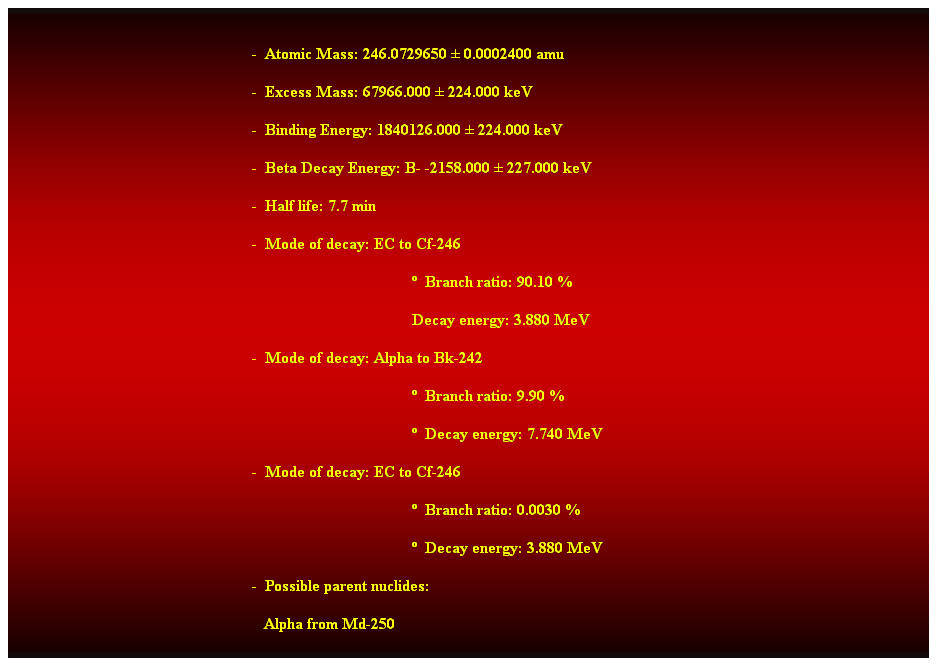 Cuadro de texto:  
-  Atomic Mass: 246.0729650  0.0002400 amu 
-  Excess Mass: 67966.000  224.000 keV 
-  Binding Energy: 1840126.000  224.000 keV 
-  Beta Decay Energy: B- -2158.000  227.000 keV 
-  Half life: 7.7 min 
-  Mode of decay: EC to Cf-246 
  Branch ratio: 90.10 % 
Decay energy: 3.880 MeV 
-  Mode of decay: Alpha to Bk-242 
  Branch ratio: 9.90 % 
  Decay energy: 7.740 MeV 
-  Mode of decay: EC to Cf-246 
  Branch ratio: 0.0030 % 
  Decay energy: 3.880 MeV 
-  Possible parent nuclides: 
   Alpha from Md-250 
