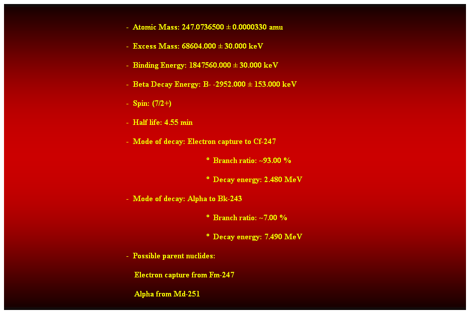 Cuadro de texto:  
-  Atomic Mass: 247.0736500  0.0000330 amu 
-  Excess Mass: 68604.000  30.000 keV 
-  Binding Energy: 1847560.000  30.000 keV 
-  Beta Decay Energy: B- -2952.000  153.000 keV 
-  Spin: (7/2+) 
-  Half life: 4.55 min 
-  Mode of decay: Electron capture to Cf-247 
  Branch ratio: ~93.00 % 
  Decay energy: 2.480 MeV 
-  Mode of decay: Alpha to Bk-243 
  Branch ratio: ~7.00 % 
  Decay energy: 7.490 MeV 
-  Possible parent nuclides: 
                                                                Electron capture from Fm-247 
                                                                Alpha from Md-251 
