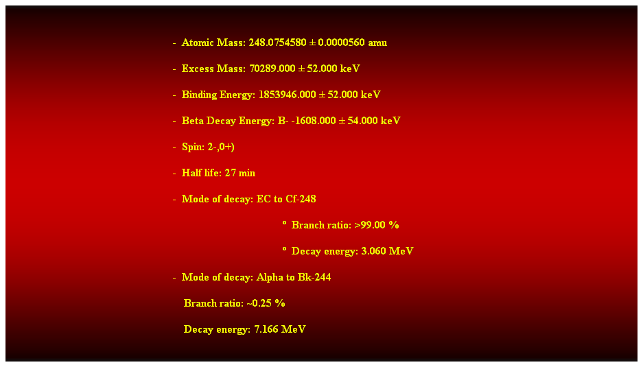 Cuadro de texto:  
-  Atomic Mass: 248.0754580  0.0000560 amu 
-  Excess Mass: 70289.000  52.000 keV 
-  Binding Energy: 1853946.000  52.000 keV 
-  Beta Decay Energy: B- -1608.000  54.000 keV 
-  Spin: 2-,0+) 
-  Half life: 27 min 
-  Mode of decay: EC to Cf-248 
  Branch ratio: >99.00 % 
  Decay energy: 3.060 MeV 
-  Mode of decay: Alpha to Bk-244 
                                                                Branch ratio: ~0.25 % 
                                                                Decay energy: 7.166 MeV 
