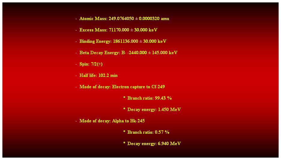 Cuadro de texto:  
-  Atomic Mass: 249.0764050  0.0000320 amu 
-  Excess Mass: 71170.000  30.000 keV 
-  Binding Energy: 1861136.000  30.000 keV 
-  Beta Decay Energy: B- -2440.000  145.000 keV 
-  Spin: 7/2(+) 
-  Half life: 102.2 min 
-  Mode of decay: Electron capture to Cf-249 
  Branch ratio: 99.43 % 
  Decay energy: 1.450 MeV 
-  Mode of decay: Alpha to Bk-245 
  Branch ratio: 0.57 % 
  Decay energy: 6.940 MeV 
