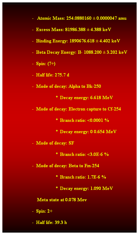 Cuadro de texto:  
                        -   Atomic Mass: 254.0880160  0.0000047 amu 
                        -  Excess Mass: 81986.388  4.388 keV 
                        -  Binding Energy: 1890676.618  4.402 keV 
                        -  Beta Decay Energy: B- 1088.200  3.202 keV 
                        -  Spin: (7+) 
                        -  Half life: 275.7 d 
                        -  Mode of decay: Alpha to Bk-250 
                                              Decay energy: 6.618 MeV 
                        -  Mode of decay: Electron capture to Cf-254 
                                              Branch ratio: <0.0001 % 
                                              Decay energy: 0 0.654 MeV 
                        -  Mode of decay: SF 
                                              Branch ratio: <3.0E-6 % 
                        -  Mode of decay: Beta to Fm-254 
                                              Branch ratio: 1.7E-6 % 
                                              Decay energy: 1.090 MeV 
                            Meta state at 0.078 Mev 
                        -  Spin: 2+ 
                        -  Half life: 39.3 h 
