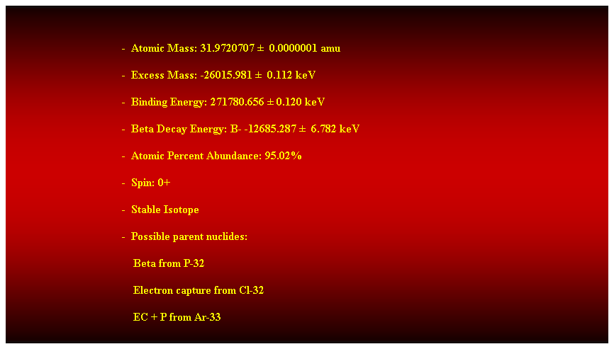 Cuadro de texto:  
-  Atomic Mass: 31.9720707   0.0000001 amu 
-  Excess Mass: -26015.981   0.112 keV 
-  Binding Energy: 271780.656  0.120 keV 
-  Beta Decay Energy: B- -12685.287   6.782 keV 
-  Atomic Percent Abundance: 95.02% 
-  Spin: 0+ 
-  Stable Isotope 
-  Possible parent nuclides: 
                                            Beta from P-32 
                                            Electron capture from Cl-32 
                                            EC + P from Ar-33 
