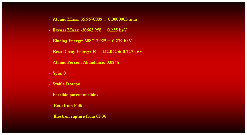 Cuadro de texto:  
-  Atomic Mass: 35.9670809   0.0000003 amu 
-  Excess Mass: -30663.958   0.235 keV 
-  Binding Energy: 308713.925   0.239 keV 
-  Beta Decay Energy: B- -1142.072   0.247 keV 
-  Atomic Percent Abundance: 0.02% 
-  Spin: 0+ 
-  Stable Isotope 
-  Possible parent nuclides: 
                                            Beta from P-36 
                                            Electron capture from Cl-36 
