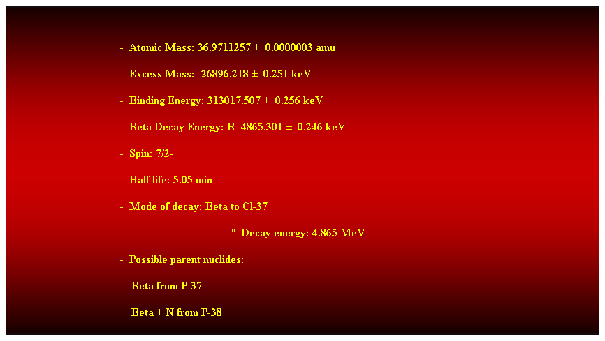 Cuadro de texto:  
-  Atomic Mass: 36.9711257   0.0000003 amu 
-  Excess Mass: -26896.218   0.251 keV 
-  Binding Energy: 313017.507   0.256 keV 
-  Beta Decay Energy: B- 4865.301   0.246 keV 
-  Spin: 7/2- 
-  Half life: 5.05 min 
-  Mode of decay: Beta to Cl-37 
  Decay energy: 4.865 MeV 
-  Possible parent nuclides: 
    Beta from P-37 
    Beta + N from P-38 
