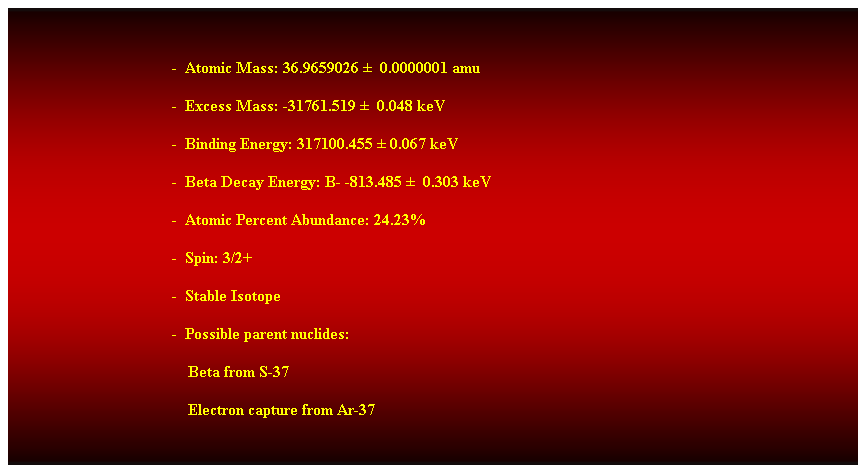 Cuadro de texto:  
-  Atomic Mass: 36.9659026   0.0000001 amu 
-  Excess Mass: -31761.519   0.048 keV 
-  Binding Energy: 317100.455  0.067 keV 
-  Beta Decay Energy: B- -813.485   0.303 keV 
-  Atomic Percent Abundance: 24.23% 
-  Spin: 3/2+ 
-  Stable Isotope 
-  Possible parent nuclides: 
    Beta from S-37 
    Electron capture from Ar-37 
 
