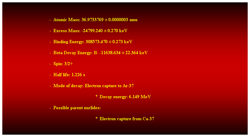 Cuadro de texto:  
-  Atomic Mass: 36.9733769  0.0000003 amu 
-  Excess Mass: -24799.240  0.270 keV 
-  Binding Energy: 308573.470  0.273 keV 
-  Beta Decay Energy: B- -11638.634  22.364 keV 
-  Spin: 3/2+ 
-  Half life: 1.226 s 
-  Mode of decay: Electron capture to Ar-37 
  Decay energy: 6.149 MeV 
-  Possible parent nuclides: 
  Electron capture from Ca-37 
 
