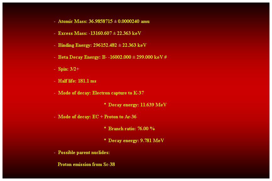 Cuadro de texto:  
-  Atomic Mass: 36.9858715  0.0000240 amu 
-  Excess Mass: -13160.607  22.363 keV 
-  Binding Energy: 296152.482  22.363 keV 
-  Beta Decay Energy: B- -16002.000  299.000 keV # 
-  Spin: 3/2+ 
-  Half life: 181.1 ms 
-  Mode of decay: Electron capture to K-37 
  Decay energy: 11.639 MeV 
-  Mode of decay: EC + Proton to Ar-36 
  Branch ratio: 76.00 % 
  Decay energy: 9.781 MeV 
-  Possible parent nuclides: 
                                           Proton emission from Sc-38 
