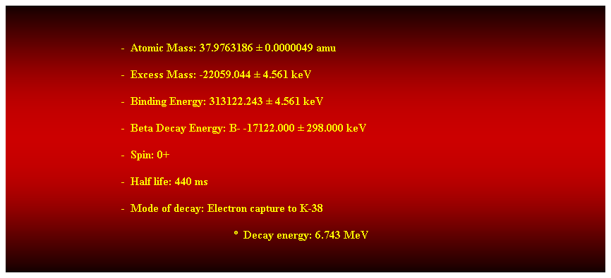 Cuadro de texto:  
-  Atomic Mass: 37.9763186  0.0000049 amu 
-  Excess Mass: -22059.044  4.561 keV 
-  Binding Energy: 313122.243  4.561 keV 
-  Beta Decay Energy: B- -17122.000  298.000 keV 
-  Spin: 0+ 
-  Half life: 440 ms 
-  Mode of decay: Electron capture to K-38 
  Decay energy: 6.743 MeV 
