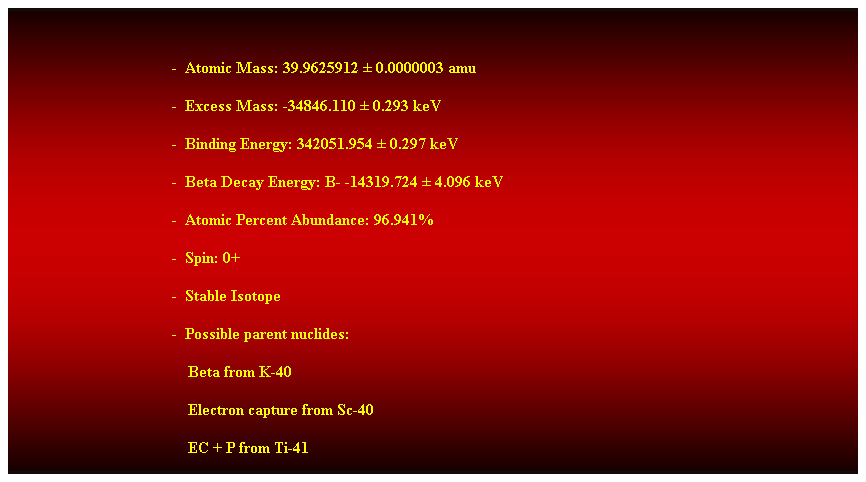 Cuadro de texto:  
-  Atomic Mass: 39.9625912  0.0000003 amu 
-  Excess Mass: -34846.110  0.293 keV 
-  Binding Energy: 342051.954  0.297 keV 
-  Beta Decay Energy: B- -14319.724  4.096 keV 
-  Atomic Percent Abundance: 96.941% 
-  Spin: 0+ 
-  Stable Isotope 
-  Possible parent nuclides: 
    Beta from K-40 
    Electron capture from Sc-40 
    EC + P from Ti-41 
