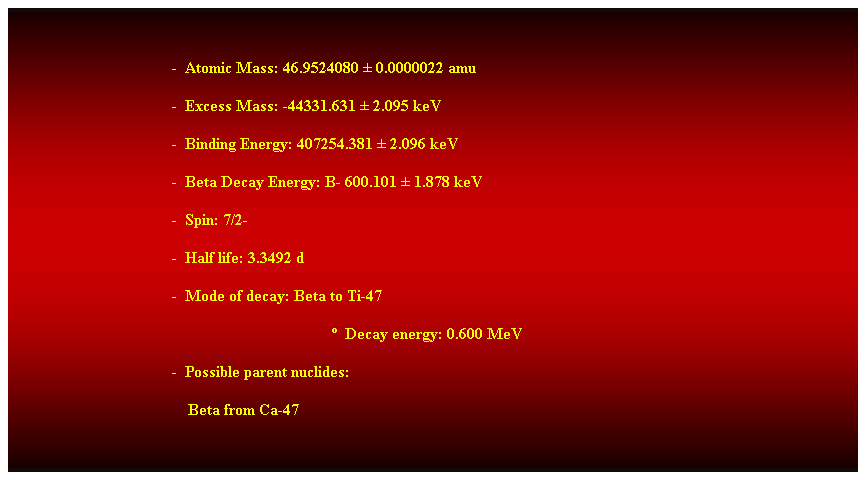 Cuadro de texto:  
-  Atomic Mass: 46.9524080  0.0000022 amu 
-  Excess Mass: -44331.631  2.095 keV 
-  Binding Energy: 407254.381  2.096 keV 
-  Beta Decay Energy: B- 600.101  1.878 keV 
-  Spin: 7/2- 
-  Half life: 3.3492 d 
-  Mode of decay: Beta to Ti-47 
  Decay energy: 0.600 MeV 
-  Possible parent nuclides: 
    Beta from Ca-47 
