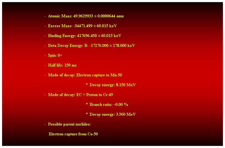 Cuadro de texto:  
-  Atomic Mass: 49.9629933  0.0000644 amu 
-  Excess Mass: -34471.499  60.015 keV 
-  Binding Energy: 417696.450  60.015 keV 
-  Beta Decay Energy: B- -17276.000  178.000 keV 
-  Spin: 0+ 
-  Half life: 150 ms 
-  Mode of decay: Electron capture to Mn-50 
  Decay energy: 8.150 MeV 
-  Mode of decay: EC + Proton to Cr-49 
  Branch ratio: ~0.00 % 
  Decay energy: 3.560 MeV 
-  Possible parent nuclides:
                                            Electron capture from Co-50 
