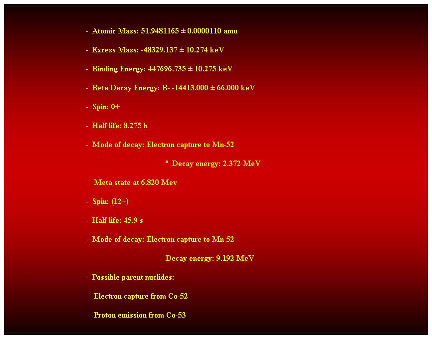 Cuadro de texto:  
-  Atomic Mass: 51.9481165  0.0000110 amu 
-  Excess Mass: -48329.137  10.274 keV 
-  Binding Energy: 447696.735  10.275 keV 
-  Beta Decay Energy: B- -14413.000  66.000 keV 
-  Spin: 0+ 
-  Half life: 8.275 h 
-  Mode of decay: Electron capture to Mn-52 
  Decay energy: 2.372 MeV 
    Meta state at 6.820 Mev 
-  Spin: (12+) 
-  Half life: 45.9 s 
-  Mode of decay: Electron capture to Mn-52 
Decay energy: 9.192 MeV 
-  Possible parent nuclides: 
    Electron capture from Co-52 
    Proton emission from Co-53 
