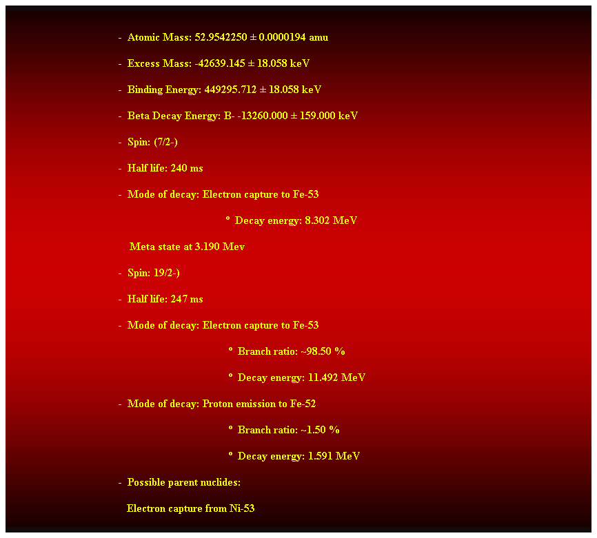 Cuadro de texto:  
-  Atomic Mass: 52.9542250  0.0000194 amu 
-  Excess Mass: -42639.145  18.058 keV 
-  Binding Energy: 449295.712  18.058 keV 
-  Beta Decay Energy: B- -13260.000  159.000 keV 
-  Spin: (7/2-) 
-  Half life: 240 ms 
-  Mode of decay: Electron capture to Fe-53 
                                                                                 Decay energy: 8.302 MeV
    Meta state at 3.190 Mev 
-  Spin: 19/2-) 
-  Half life: 247 ms 
-  Mode of decay: Electron capture to Fe-53 
  Branch ratio: ~98.50 % 
  Decay energy: 11.492 MeV 
-  Mode of decay: Proton emission to Fe-52 
  Branch ratio: ~1.50 % 
  Decay energy: 1.591 MeV 
-  Possible parent nuclides: 
   Electron capture from Ni-53 
