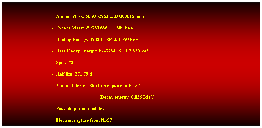 Cuadro de texto:  
-  Atomic Mass: 56.9362962  0.0000015 amu 
-  Excess Mass: -59339.666  1.389 keV 
-  Binding Energy: 498281.524  1.390 keV 
-  Beta Decay Energy: B- -3264.191  2.620 keV
-  Spin: 7/2- 
-  Half life: 271.79 d 
-  Mode of decay: Electron capture to Fe-57 
Decay energy: 0.836 MeV 
-  Possible parent nuclides: 
   Electron capture from Ni-57 
 
